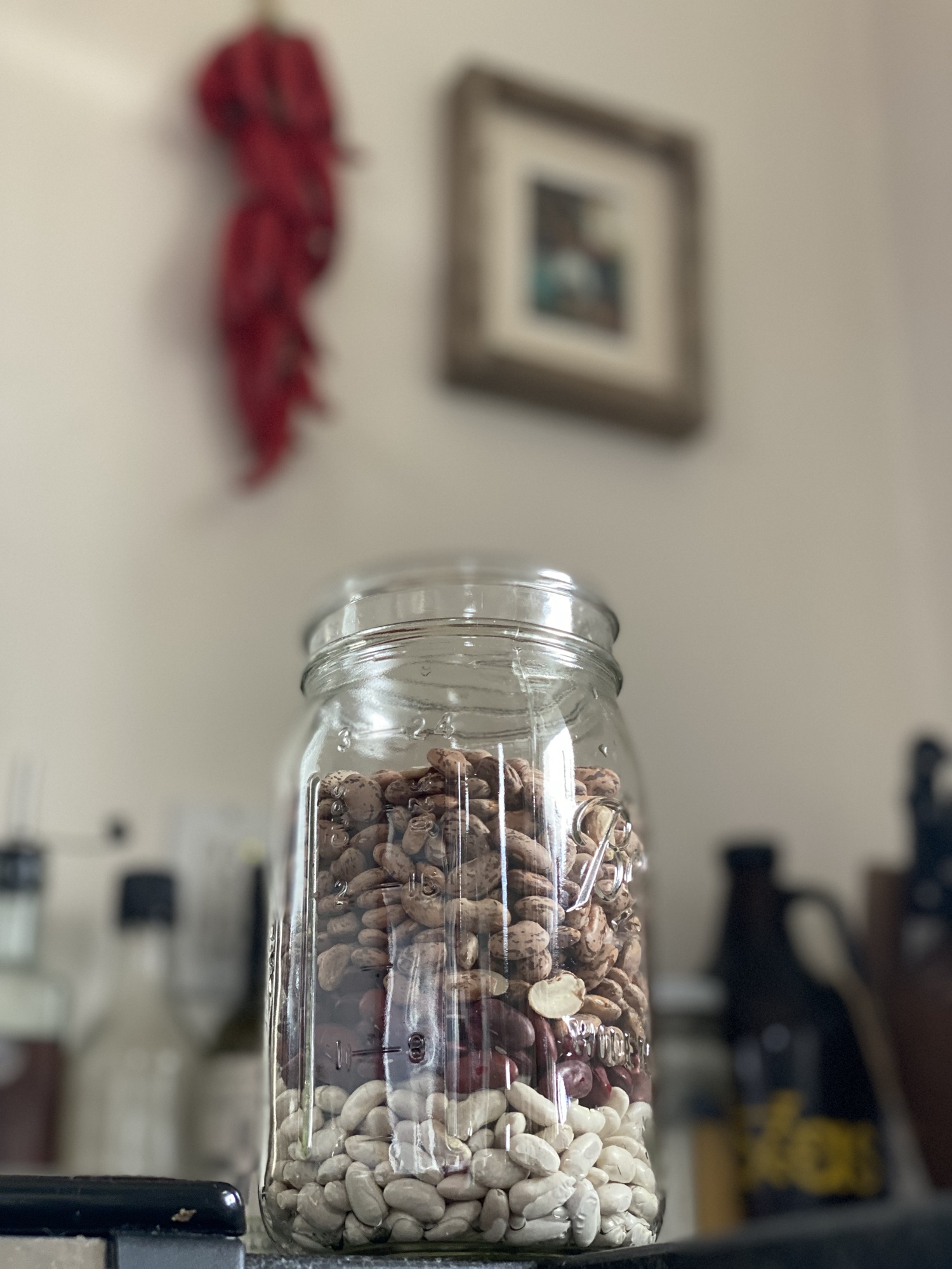 Dried white, red, and pinto beans arranged in a later in a glass mason jar with red chiles in the background