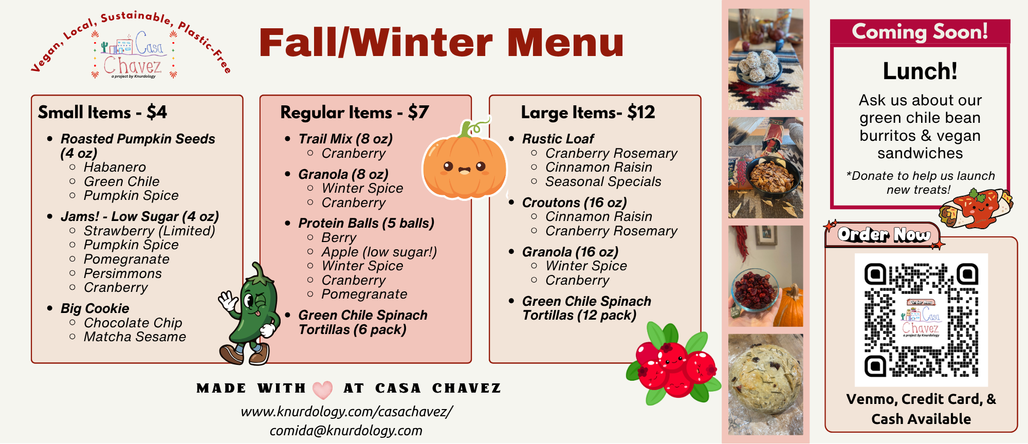 Fall and winter seasonal menu from Casa Chavez, vegan plastic-free food in the Bay Area